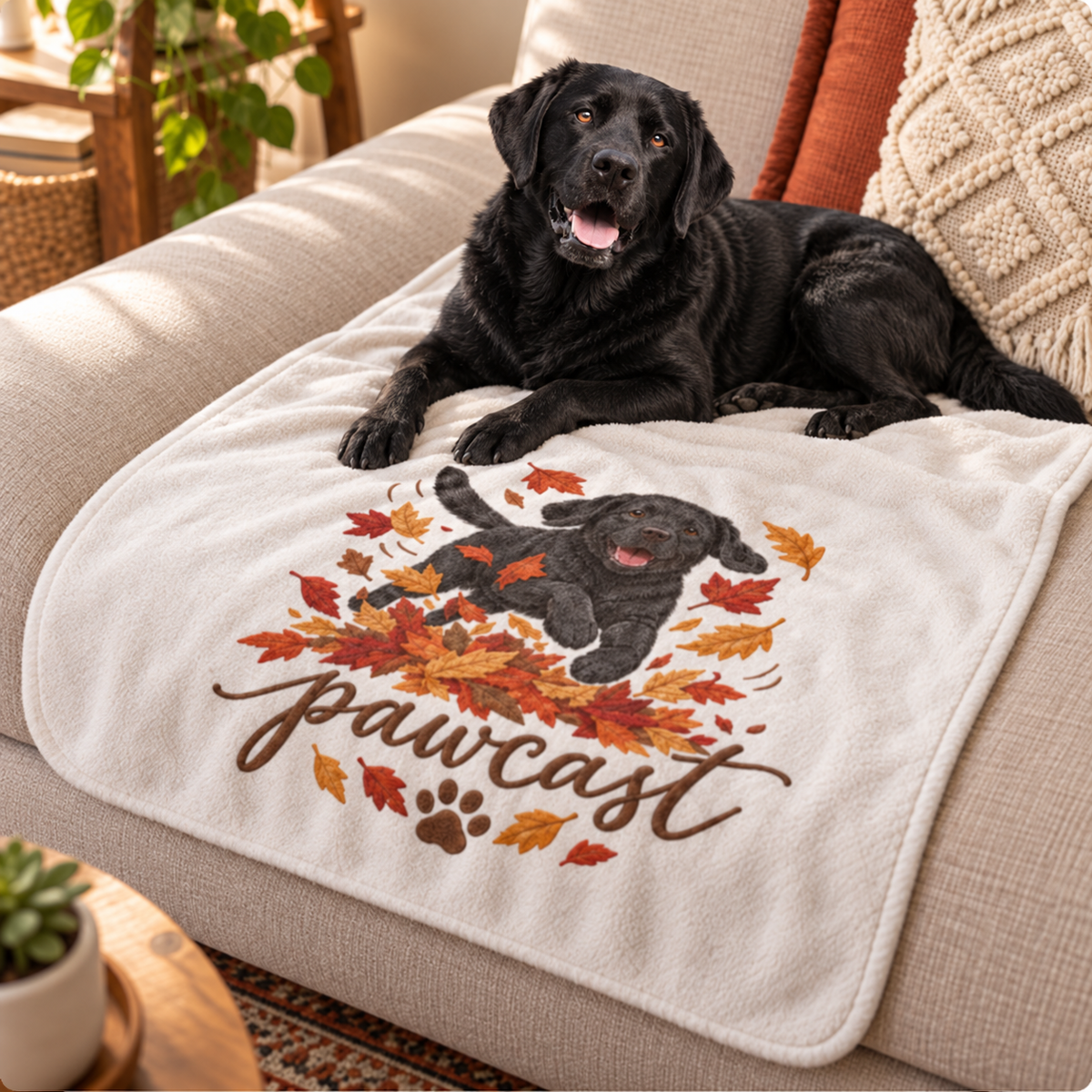 “Bruno’s Puppy Autumn Leaf Leap” Sherpa Blanket