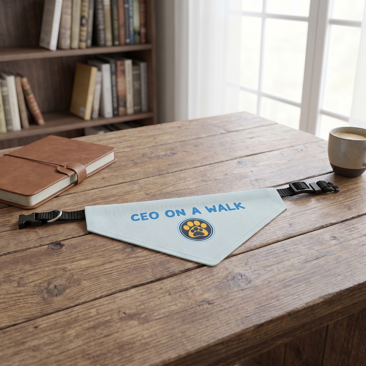 A light blue triangular pet bandana with the text 'CEO ON A WALK' and a paw print logo, laid on a rustic wooden table. The bandana is attached to a black strap with a buckle, with a leather notebook and a ceramic mug nearby, and a bookshelf in the background.