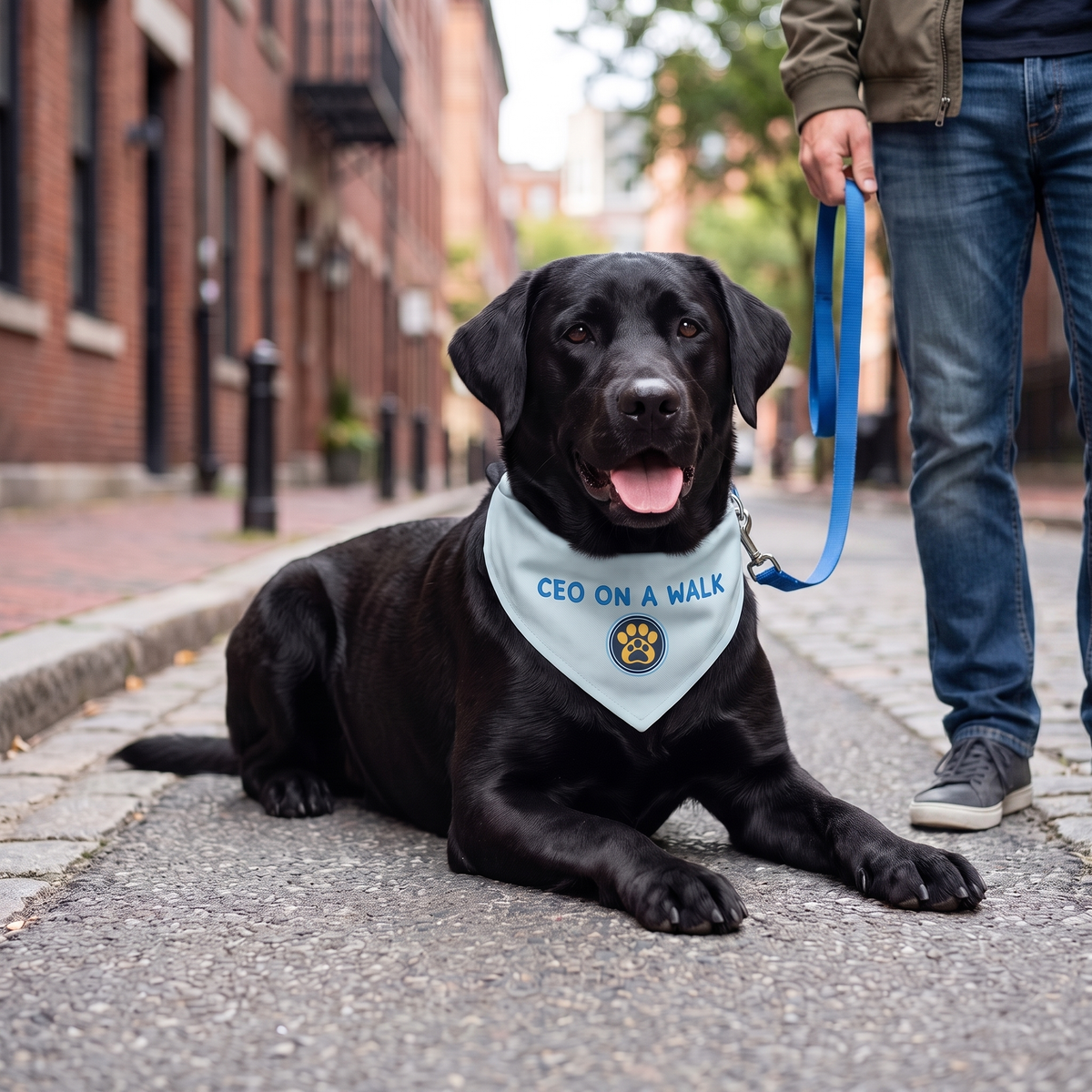 A black Labrador retriever lies on a city sidewalk wearing a light blue bandana with the text 'CEO ON A WALK' and a small crest logo. A person in jeans and a brown jacket holds a blue leash next to the dog.