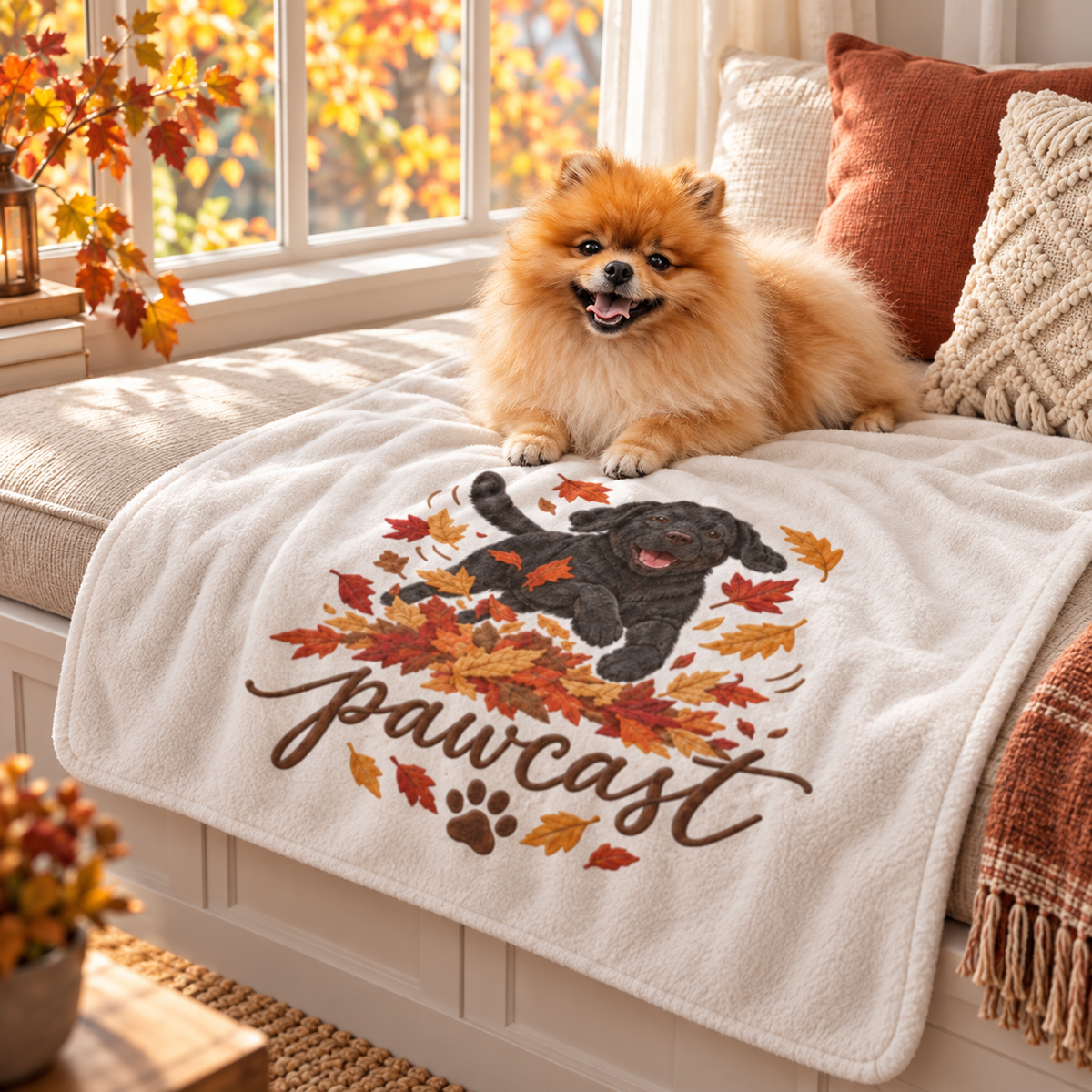 “Bruno’s Puppy Autumn Leaf Leap” Sherpa Blanket