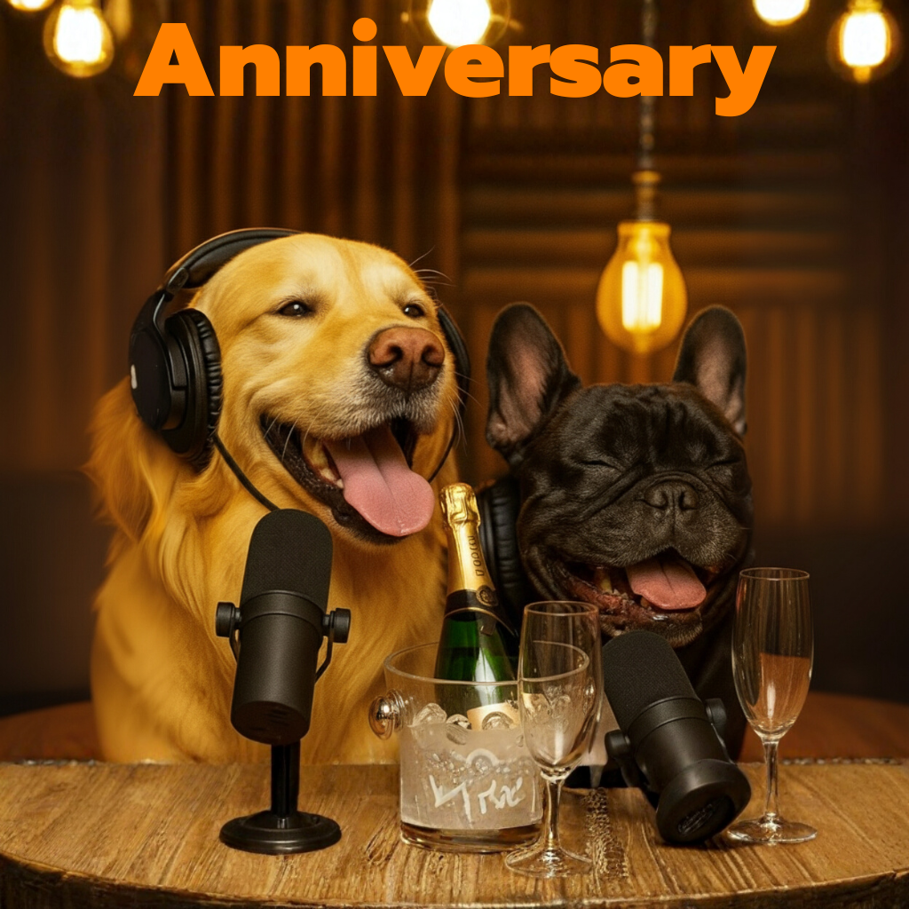 Two dogs with headphones around their necks, one with a microphone and the other with a champagne bottle, on a wooden table with 'Anniversary' text above.