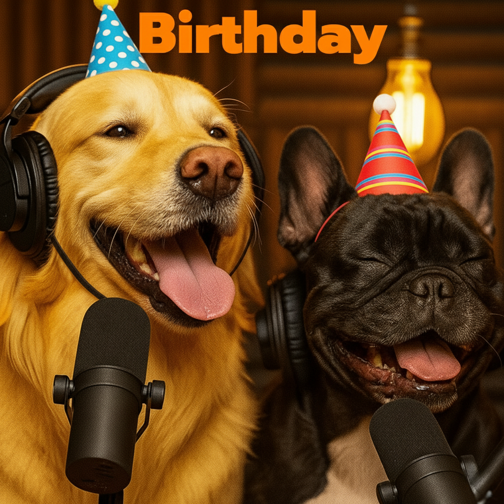 Two dogs wearing headphones laughing during a Pawcast birthday podcast recording