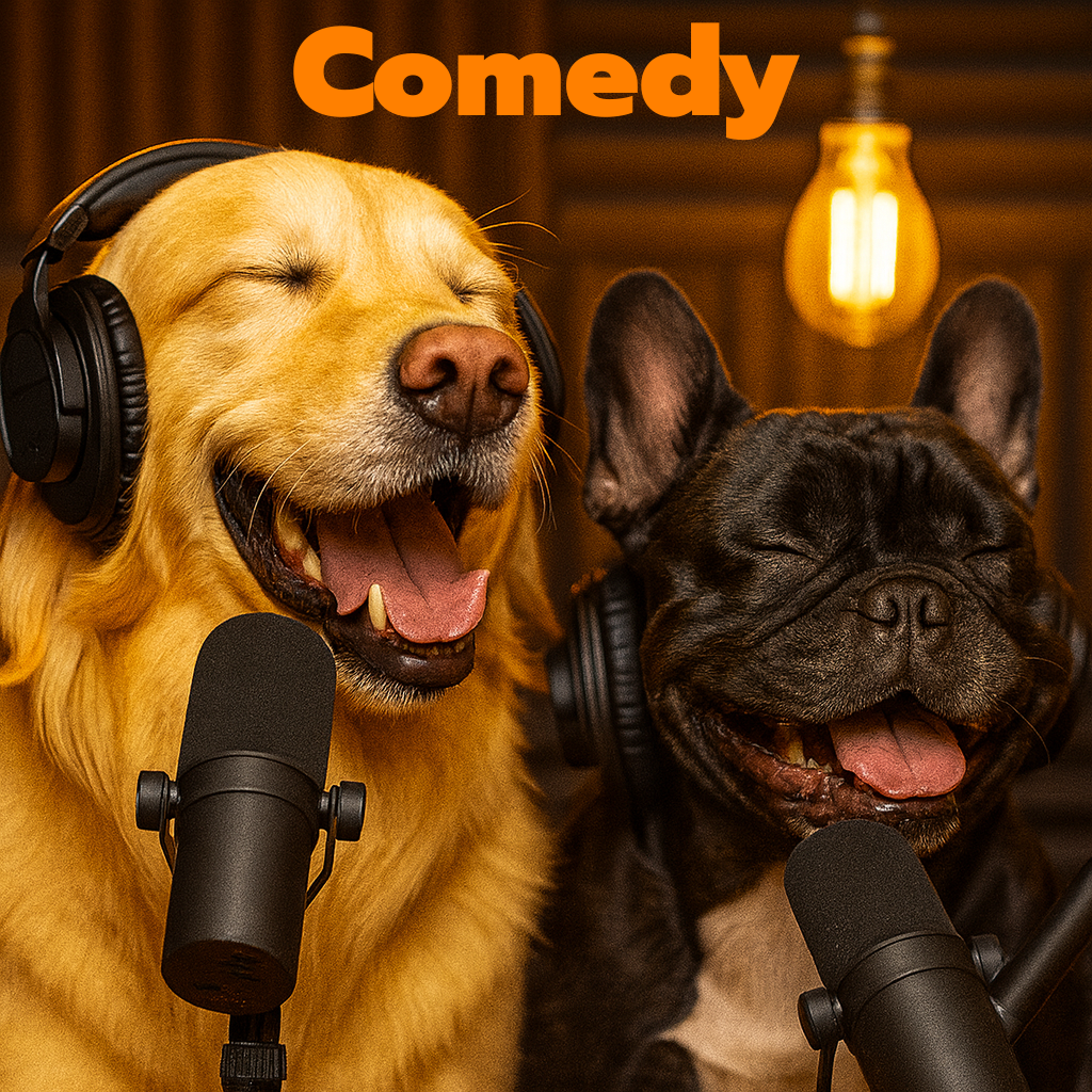 Two dogs wearing headphones laughing during a Pawcast comedy podcast recording