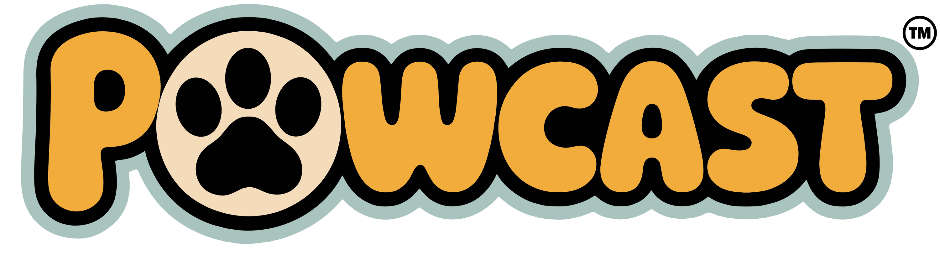 Logo of 'POWCAST' with a paw print on a white background