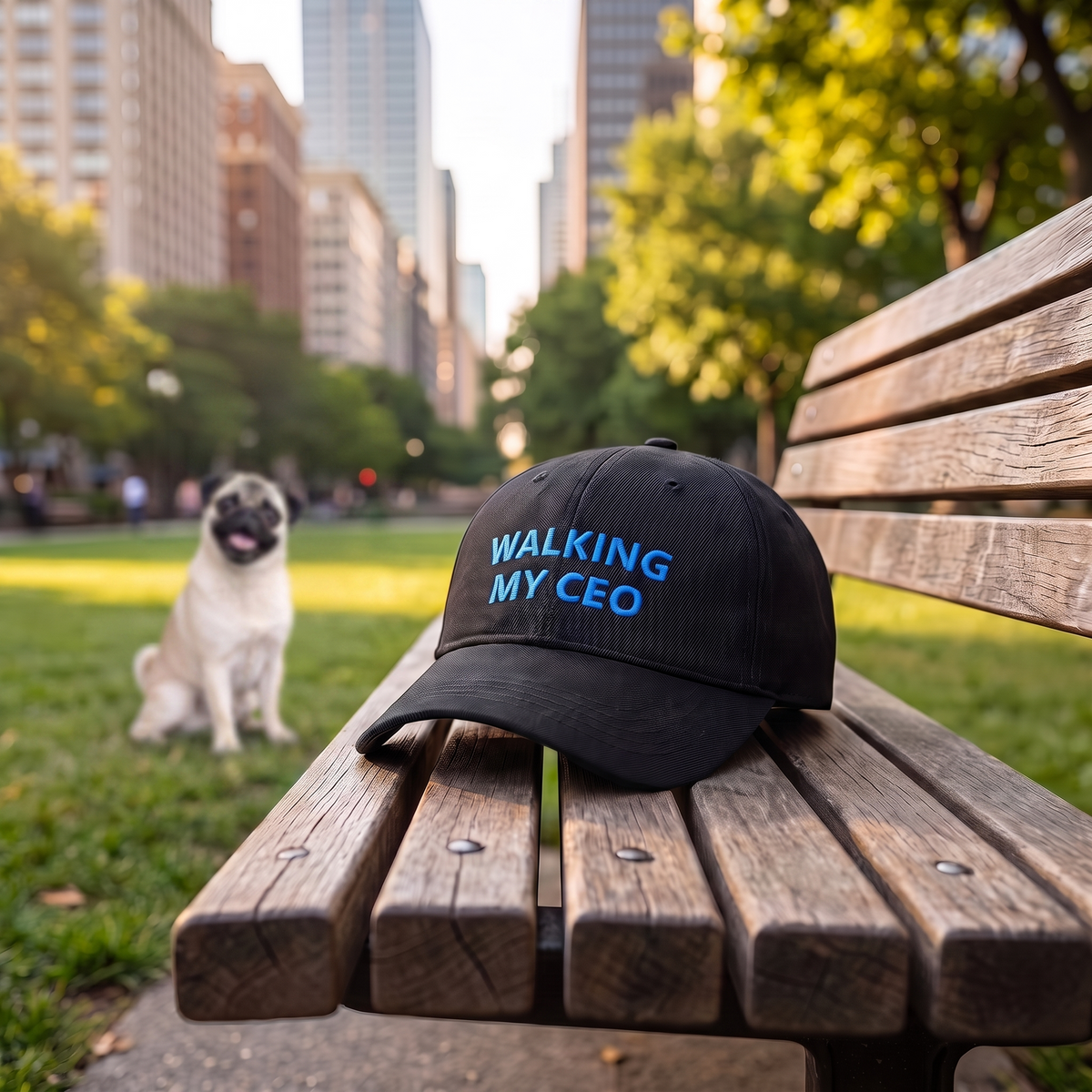 A black baseball cap with blue embroidered text reading 'WALKING MY CEO' sits on a wooden park bench, with a pug dog sitting on the grass in the background among city trees and buildings.