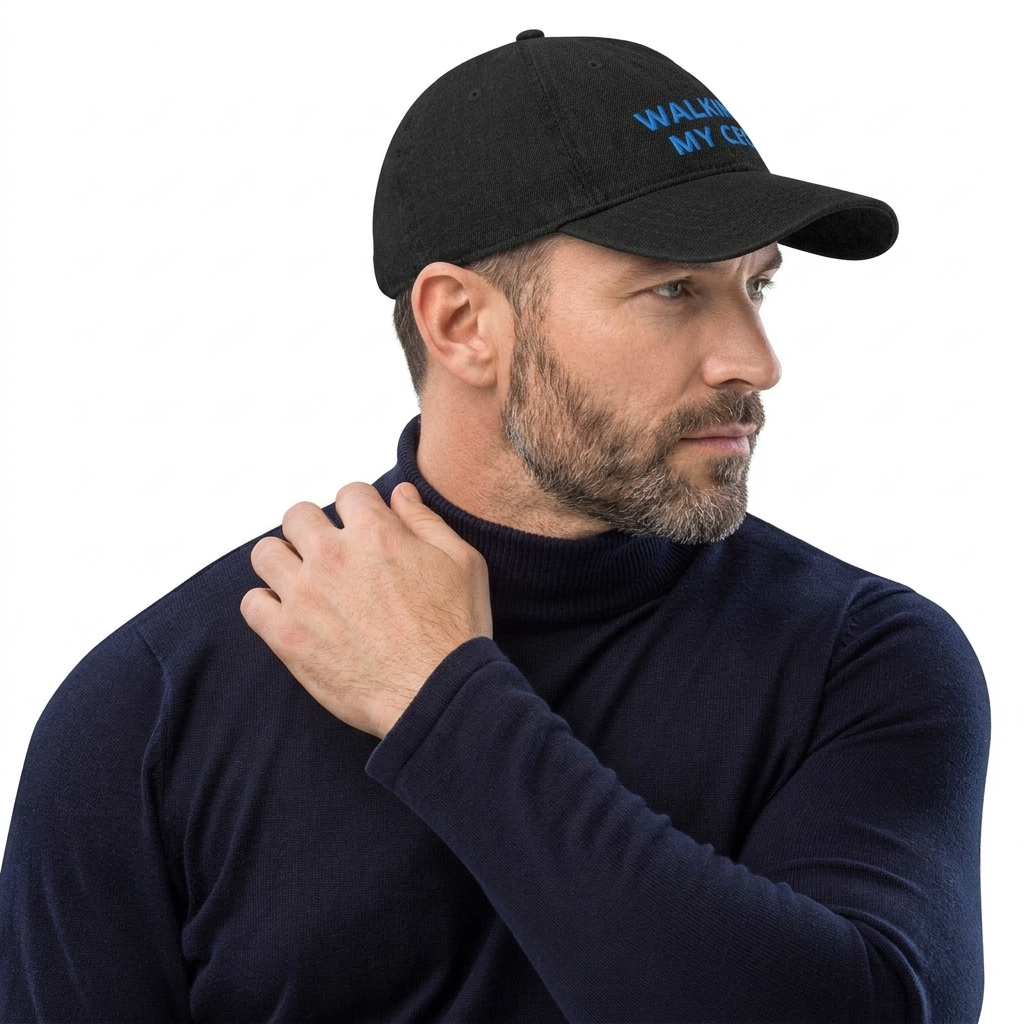 A man wearing a black baseball cap with blue embroidered text and a dark navy turtleneck sweater, shown against a plain white background.