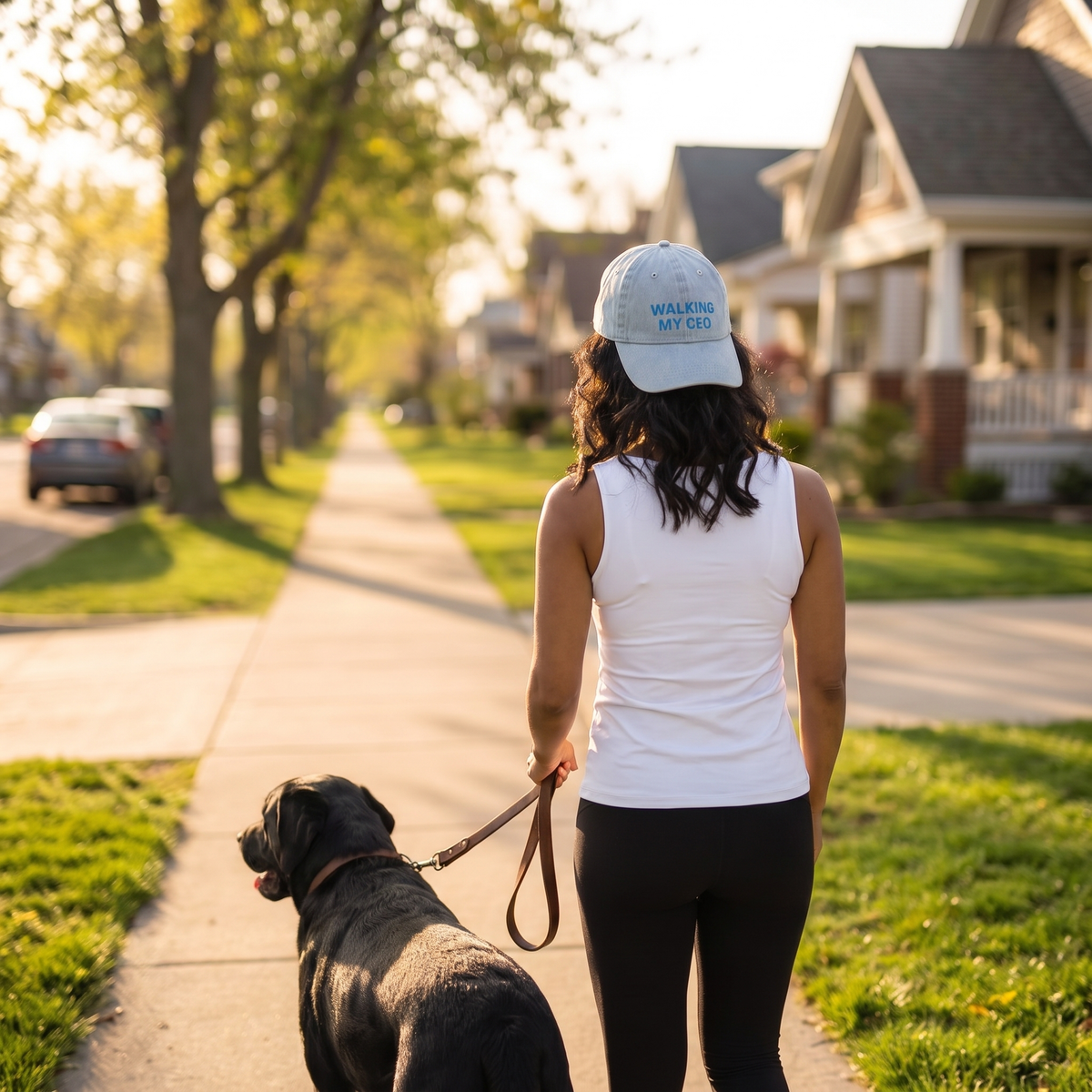 A woman seen from behind walking a black dog on a suburban sidewalk, wearing a white tank top, black leggings, and a light blue baseball cap that reads 'WALKING MY DOG'.