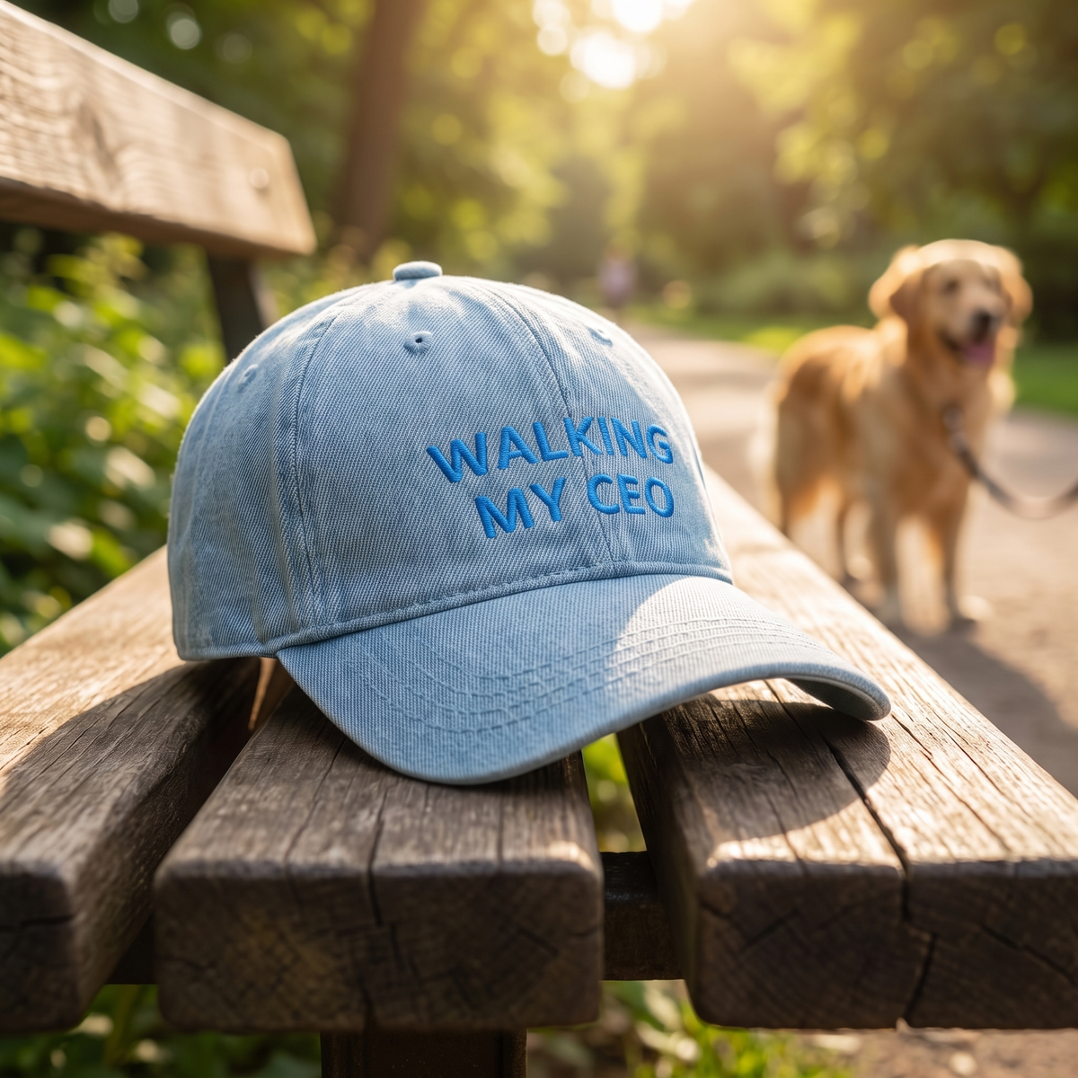 A light blue denim baseball cap with 'WALKING MY CEO' embroidered in blue on the front, resting on a weathered wooden park bench. A golden retriever dog is visible in the soft-focus background on a path.