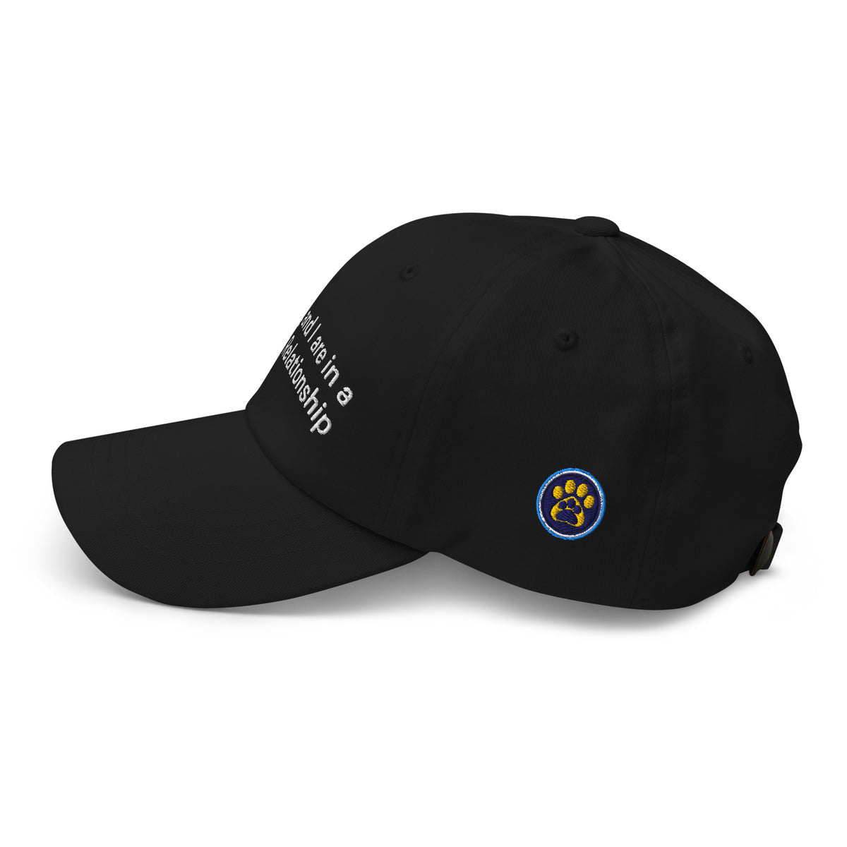 Black cap with white text on a white background