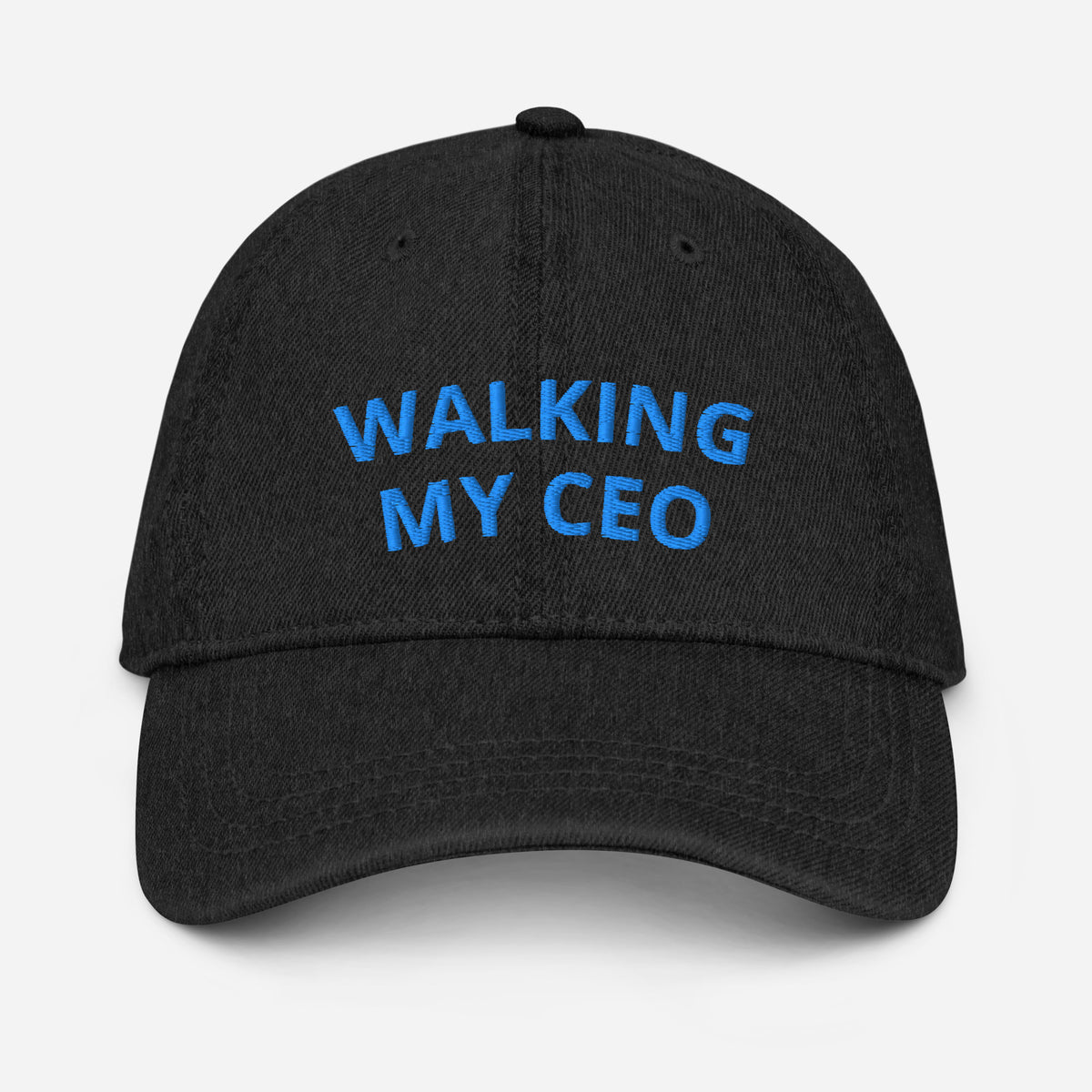 Black cap with 'WALKING MY CEO' text in blue on a light gray background