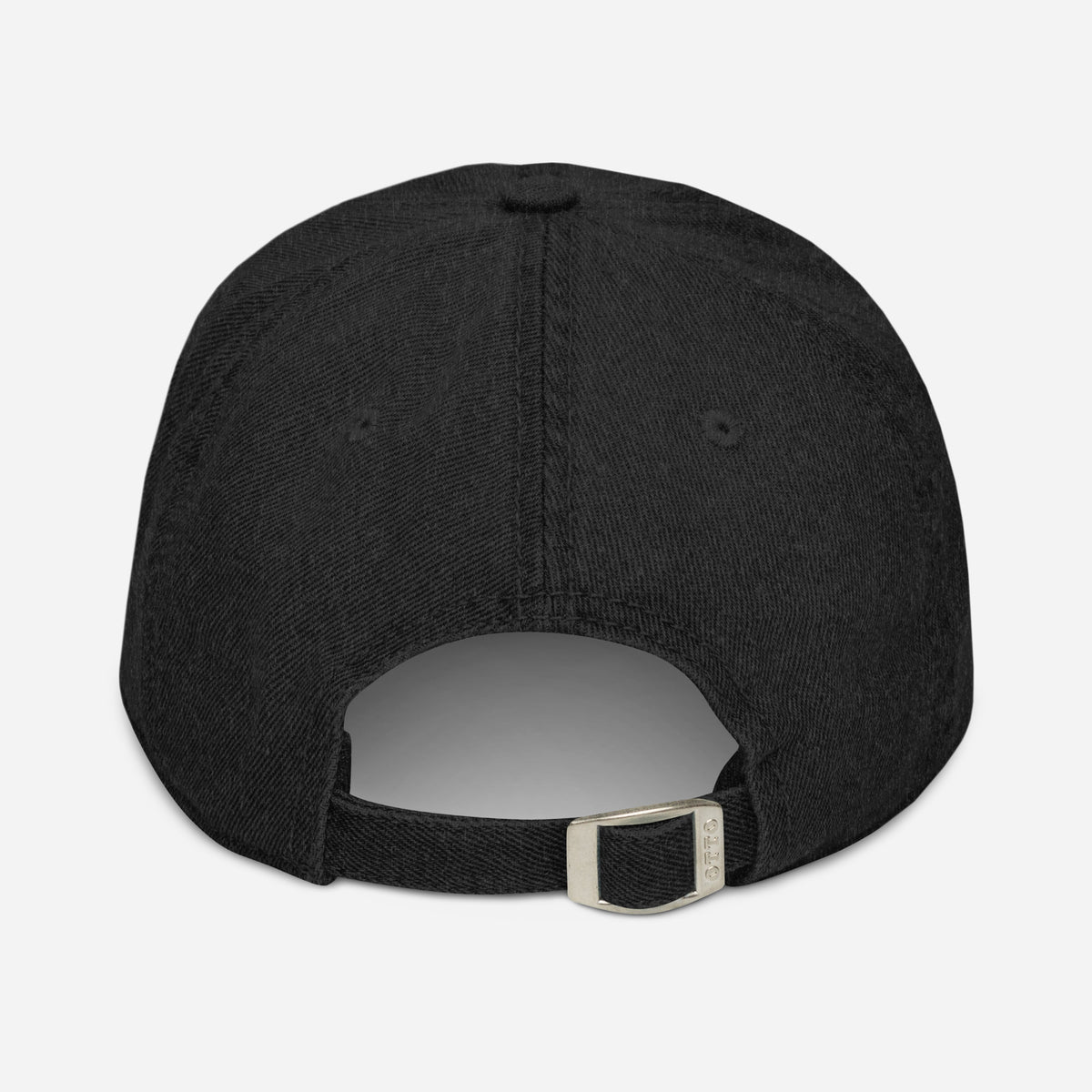 Black cap with a visible brand logo on the back against a white background